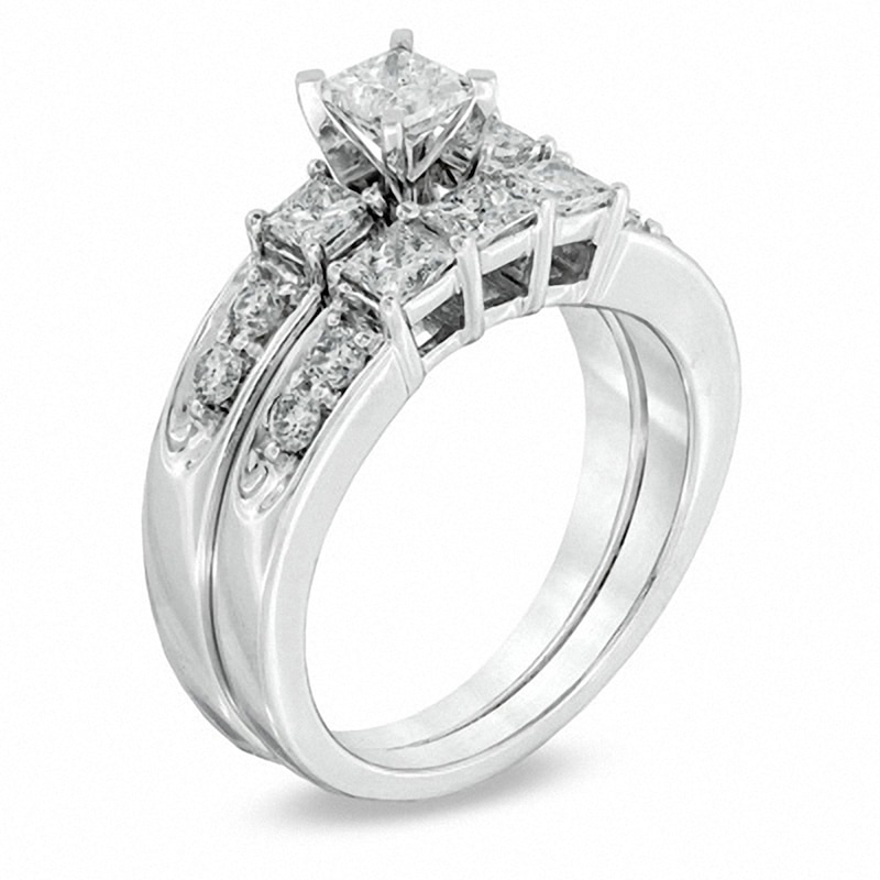 Main Image 2 of Previously Owned - 3 CT. T.W. Princess-Cut Diamond Three Stone Bridal Set in 14K White Gold