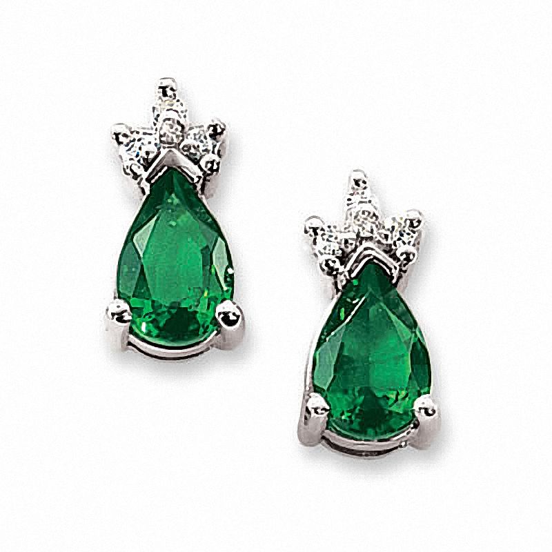 Main Image 1 of Previously Owned - Lab-Created Emerald Earrings in 14K White Gold with Diamond Accents