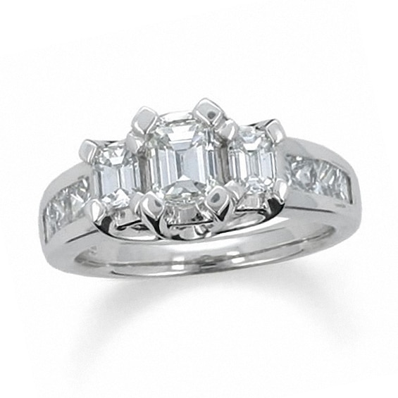 Previously Owned - 1-1/2 CT. T.w. Emerald-Cut Diamond Three Stone Ring in 14K White Gold