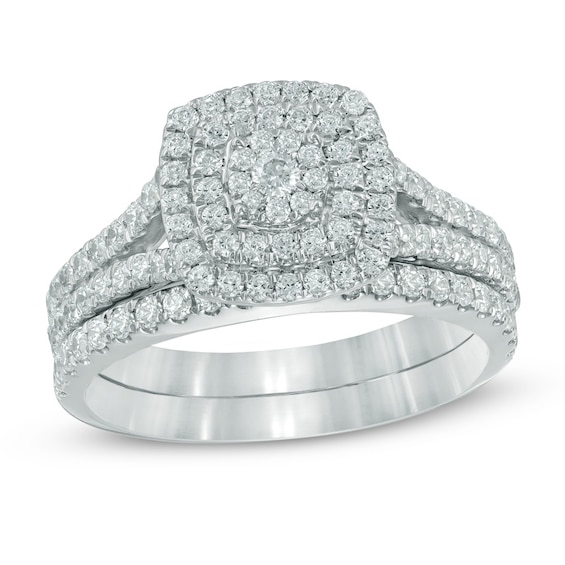 Previously Owned 1 CT. T.w. Composite Diamond Double Square Frame Soldered Bridal Set in 10K White Gold