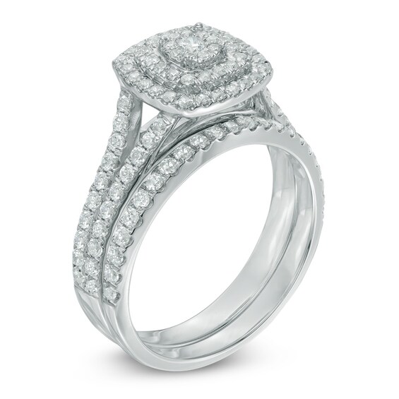 Previously Owned 1 CT. T.w. Composite Diamond Double Square Frame Soldered Bridal Set in 10K White Gold