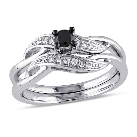Previously Owned - 1/4 CT. T.w. Black and White Diamond Sash Bridal Set in Sterling Silver