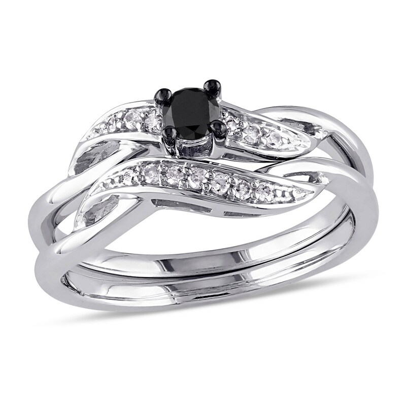 Main Image 1 of Previously Owned - 1/4 CT. T.W.  Black and White Diamond Sash Bridal Set in Sterling Silver