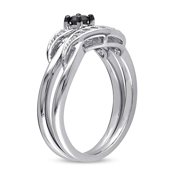 Previously Owned - 1/4 CT. T.w. Black and White Diamond Sash Bridal Set in Sterling Silver