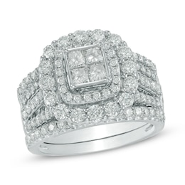 Previously Owned - 2-1/2 CT. T.W. Quad Princess-Cut Diamond Double Frame Three Piece Bridal Set in 14K White Gold