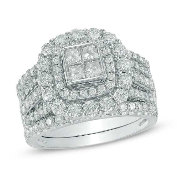 Previously Owned - 2-1/2 CT. T.w. Quad Princess-Cut Diamond Double Frame Three Piece Bridal Set in 14K White Gold
