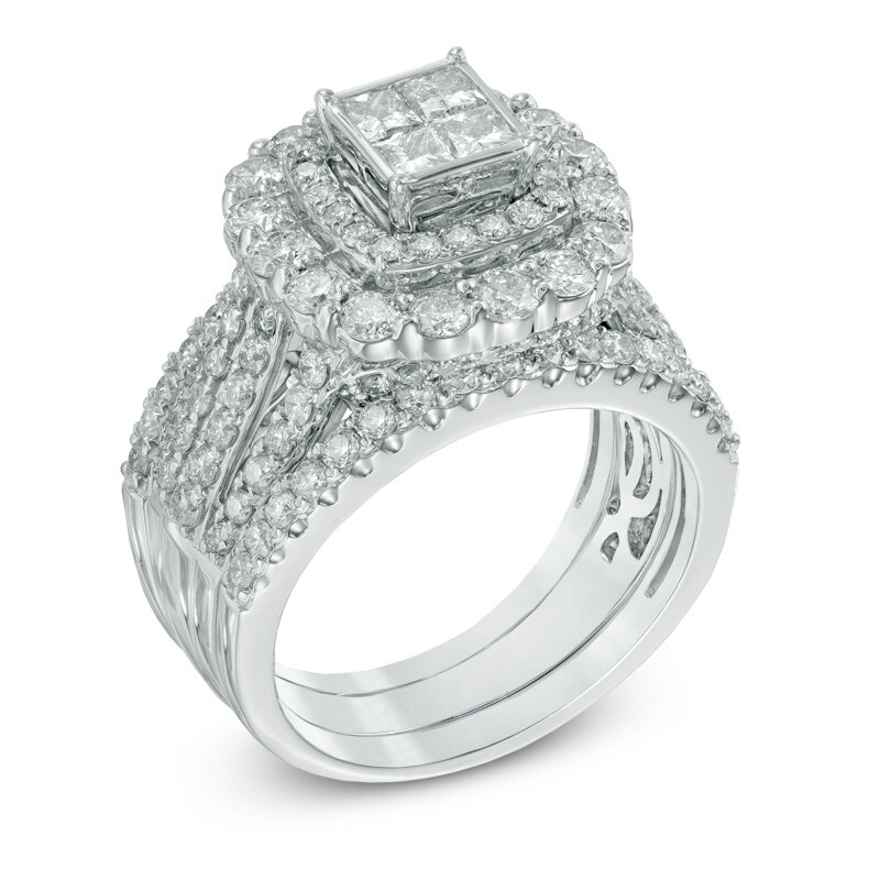 Main Image 2 of Previously Owned - 2-1/2 CT. T.W. Quad Princess-Cut Diamond Double Frame Three Piece Bridal Set in 14K White Gold