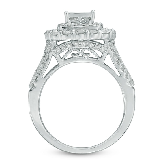 Previously Owned - 2-1/2 CT. T.w. Quad Princess-Cut Diamond Double Frame Three Piece Bridal Set in 14K White Gold