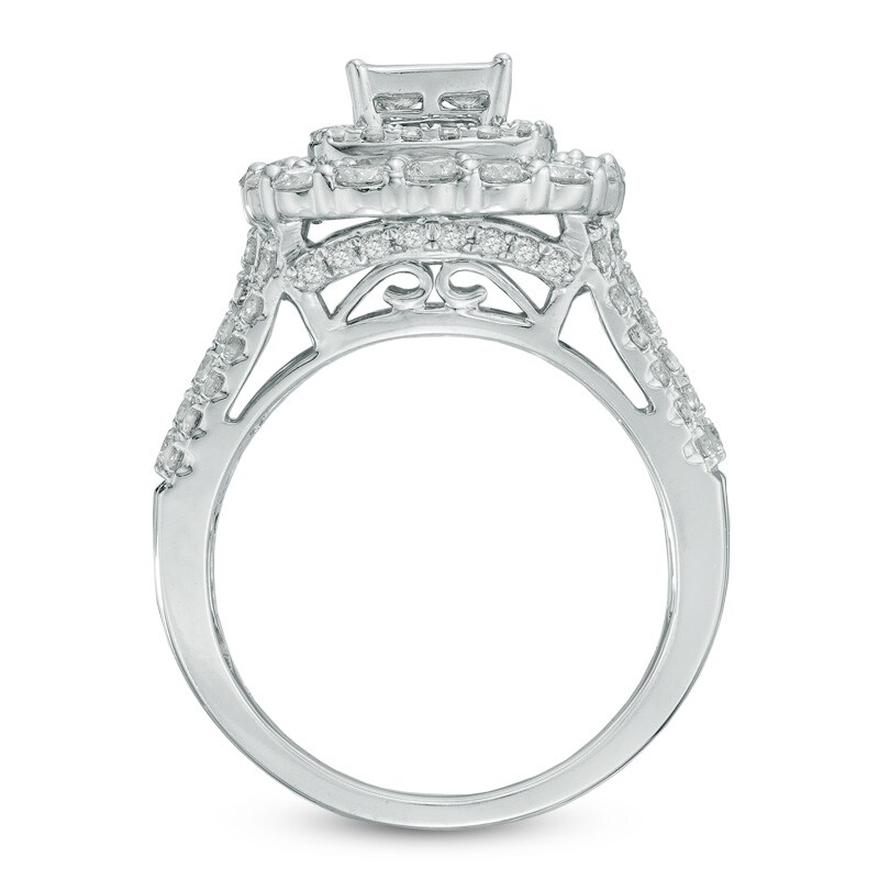 Main Image 3 of Previously Owned - 2-1/2 CT. T.W. Quad Princess-Cut Diamond Double Frame Three Piece Bridal Set in 14K White Gold
