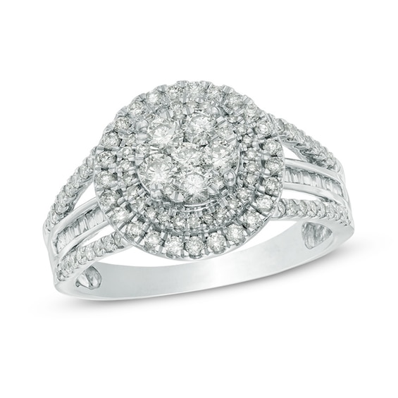Previously Owned - 1 CT. T.w. Round and Baguette Diamond Composite Double Frame Engagement Ring in 10K White Gold