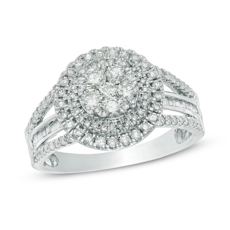 Main Image 1 of Previously Owned - 1 CT. T.W. Round and Baguette Diamond Composite Double Frame Engagement Ring in 10K White Gold