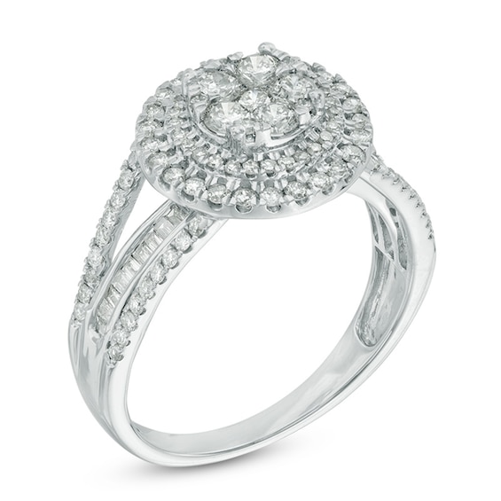 Previously Owned - 1 CT. T.w. Round and Baguette Diamond Composite Double Frame Engagement Ring in 10K White Gold