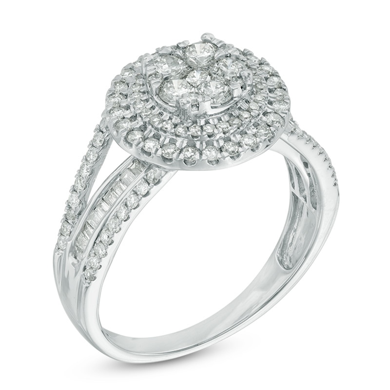 Main Image 2 of Previously Owned - 1 CT. T.W. Round and Baguette Diamond Composite Double Frame Engagement Ring in 10K White Gold