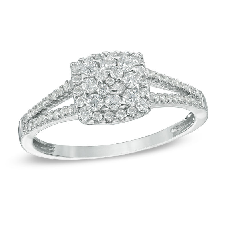 Main Image 1 of Previously Owned - 1/2 CT. T.W. Diamond Square Frame Cluster Engagement Ring in 10K White Gold