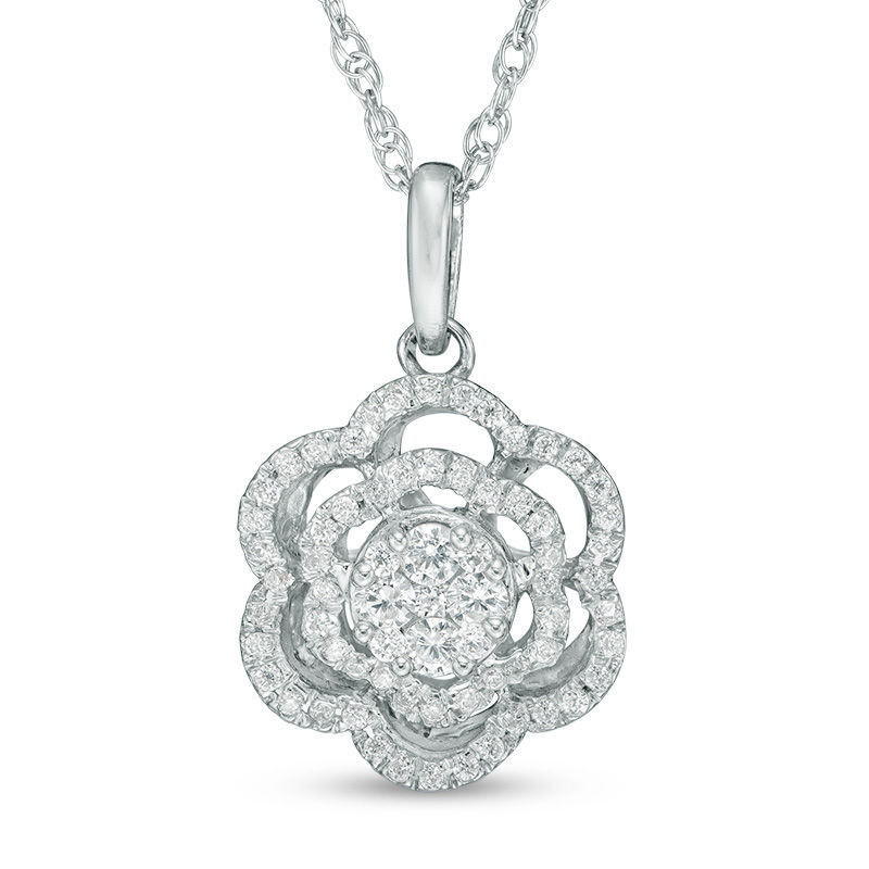 Main Image 1 of Previously Owned - 1/3 CT. T.W. Diamond Flower Double Frame Pendant in 10K White Gold