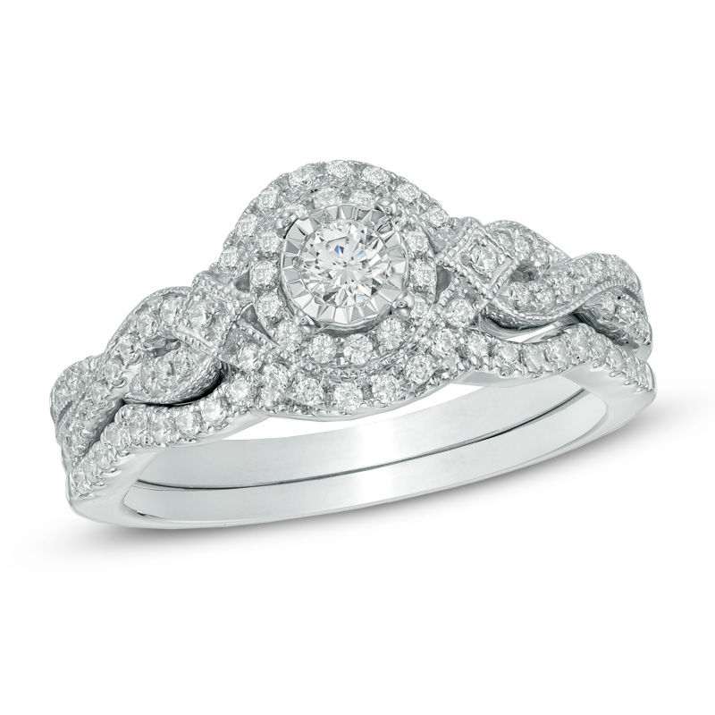 Main Image 1 of Previously Owned - 1/2 CT. T.W. Diamond Frame Vintage-Style Bridal Set in 14K White Gold