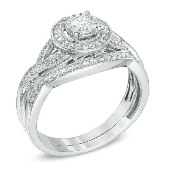 Previously Owned - 1/4 CT. T.w. Diamond Frame Vintage-Style Bridal Set in 10K White Gold