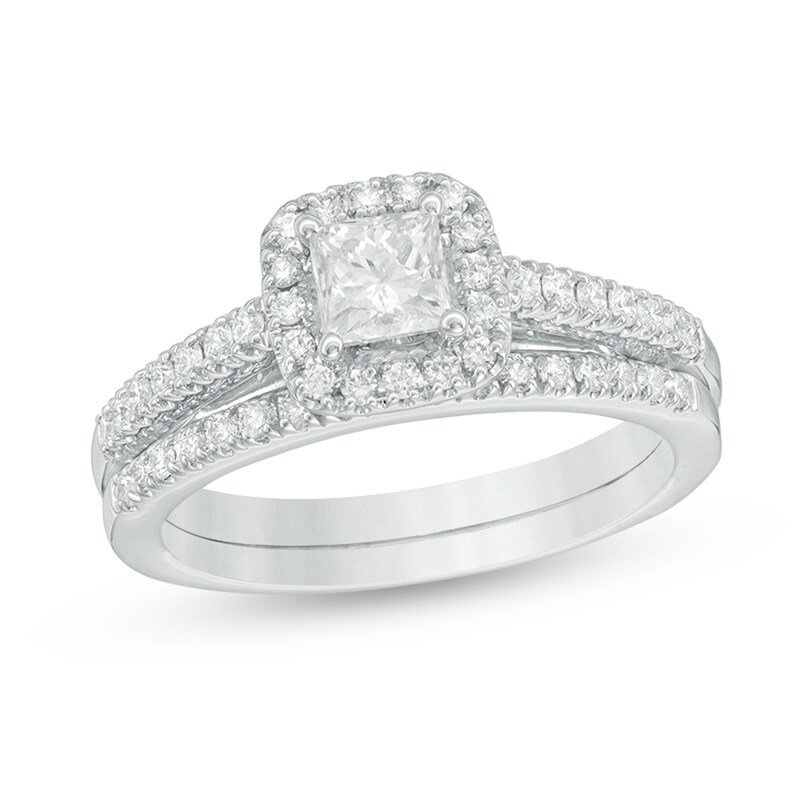 Main Image 1 of Previously Owned - 1 CT. T.W. Princess-Cut Diamond Frame Bridal Set in 14K White Gold