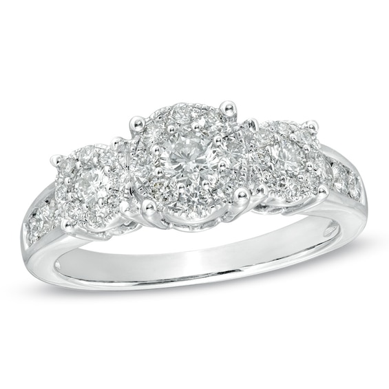 Previously Owned - 1 CT. T.w. Diamond Cluster Three Stone Engagement Ring in 14K White Gold