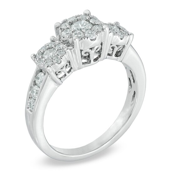 Previously Owned - 1 CT. T.w. Diamond Cluster Three Stone Engagement Ring in 14K White Gold