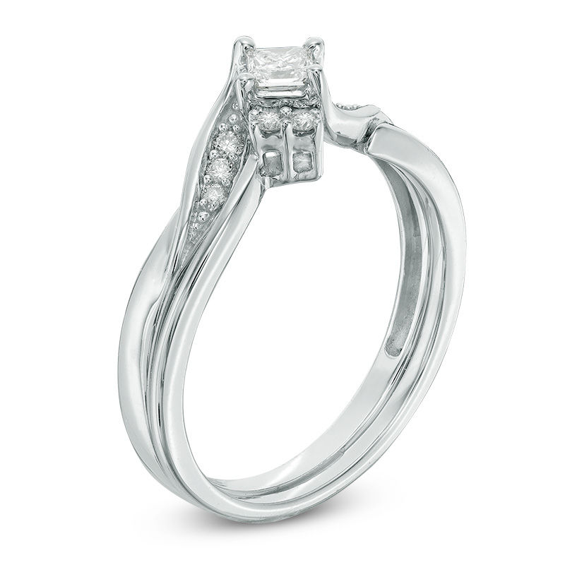Main Image 2 of Previously Owned - 1/4 CT. T.W. Princess-Cut Diamond Bridal Set in 10K White Gold