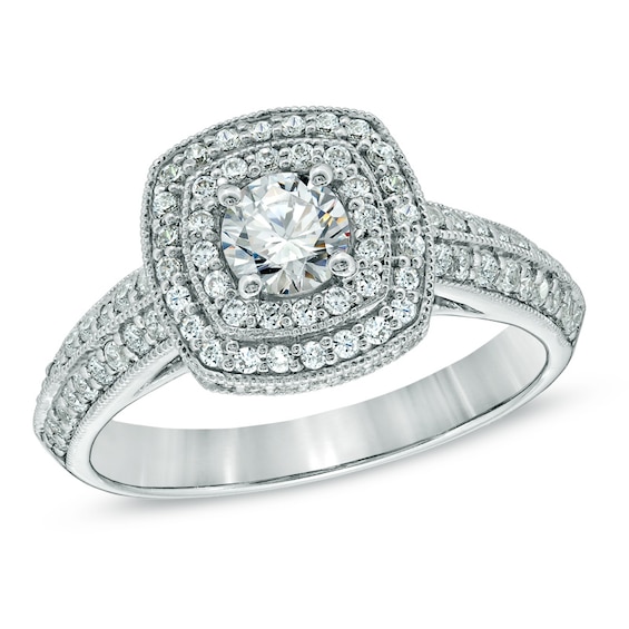 Previously Owned - 1 CT. T.w. Diamond Double Cushion Frame Engagement Ring in 14K White Gold
