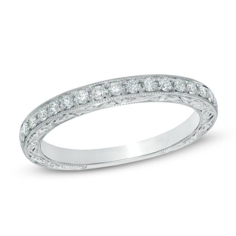 Previously Owned - 1/4 CT. T.W. Diamond Vintage-Style Wedding Band in 14K White Gold (I/SI2)