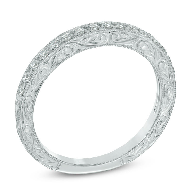 Main Image 2 of Previously Owned - 1/4 CT. T.W. Diamond Vintage-Style Wedding Band in 14K White Gold (I/SI2)