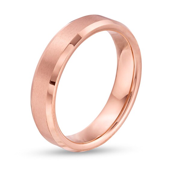 Previously Owned - 5.0mm Multi-Finish Bevelled-Edge Comfort-Fit Wedding Band in Tungsten with Rose IP