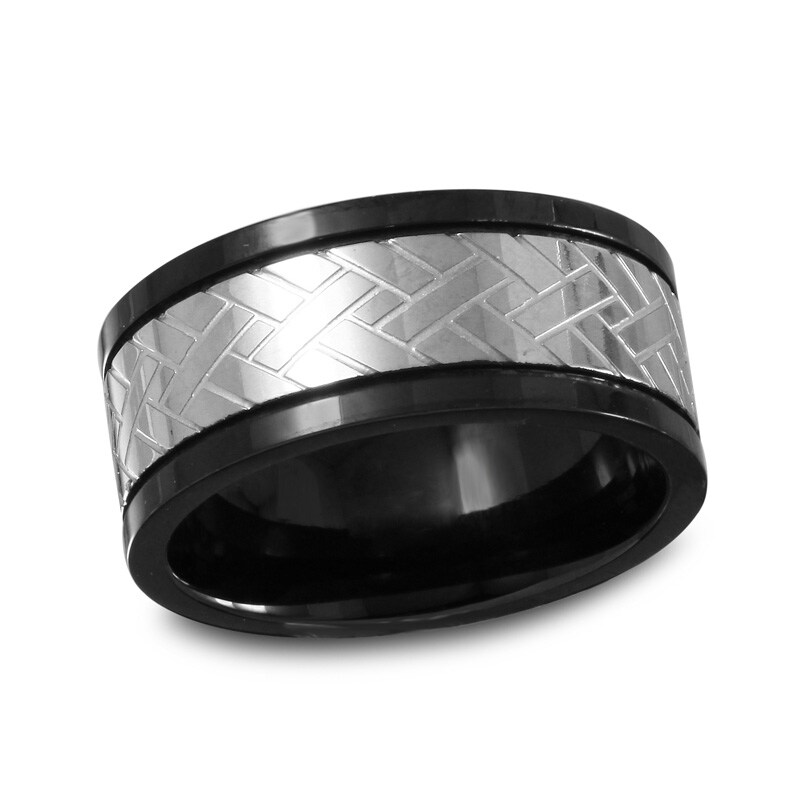 Main Image 1 of Previously Owned - Men's 10.0mm Weave-Textured Wedding Band in Two-Tone Stainless Steel