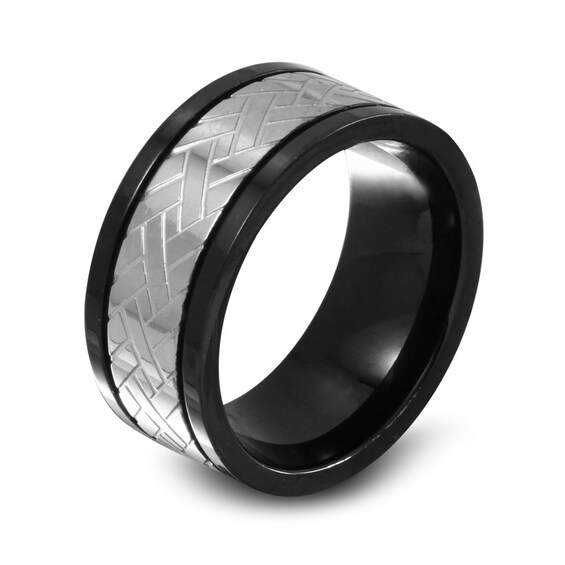 Previously Owned - Men's 10.0mm Weave-Textured Wedding Band in Two-Tone Stainless Steel