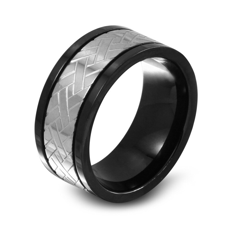 Main Image 2 of Previously Owned - Men's 10.0mm Weave-Textured Wedding Band in Two-Tone Stainless Steel