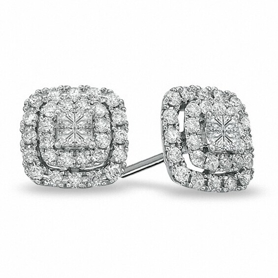 Previously Owned - 1 CT. T.w. Princess-Cut Diamond Double Frame Stud Earrings in 10K White Gold