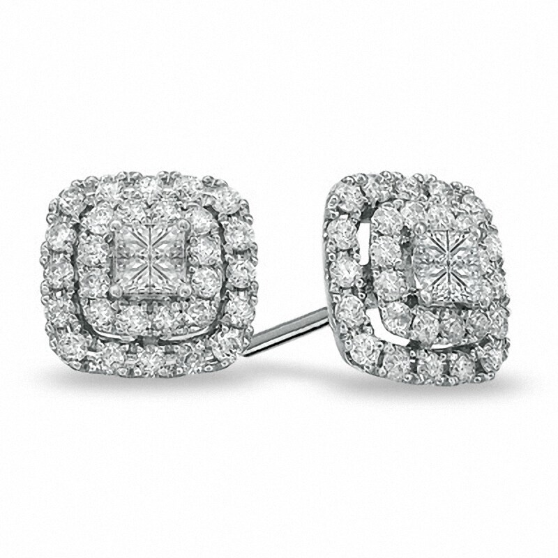 Main Image 1 of Previously Owned - 1 CT. T.W. Princess-Cut Diamond Double Frame Stud Earrings in 10K White Gold