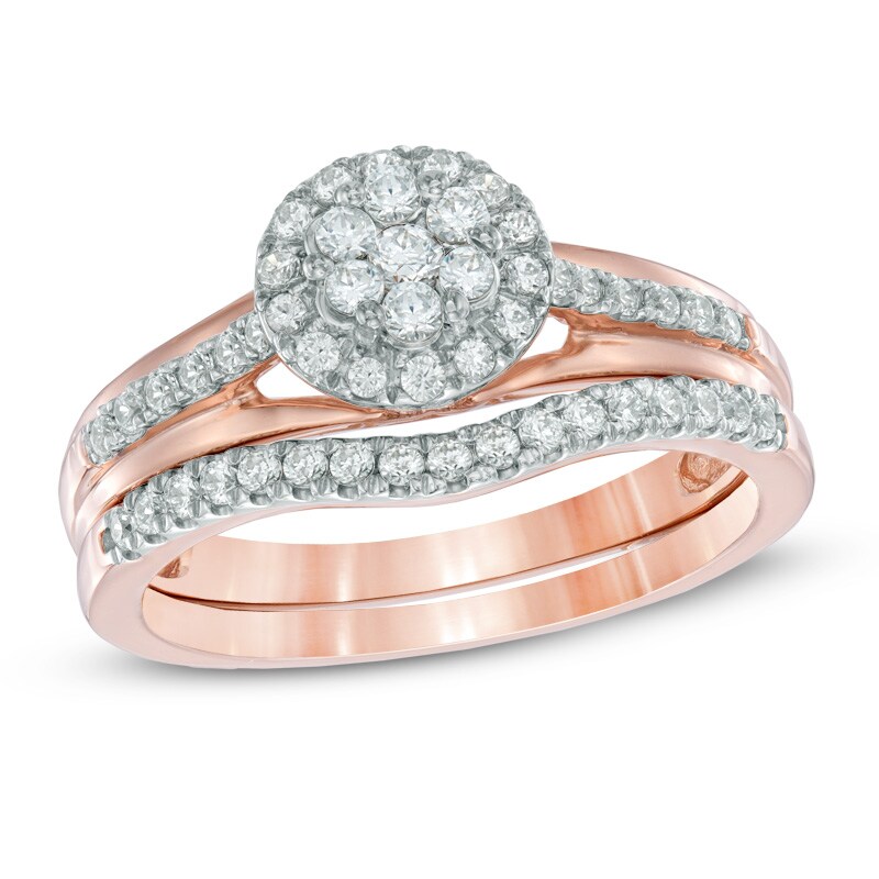 Main Image 1 of Previously Owned - 1/2 CT. T.W. Diamond Cluster Frame Bridal Set in 10K Rose Gold