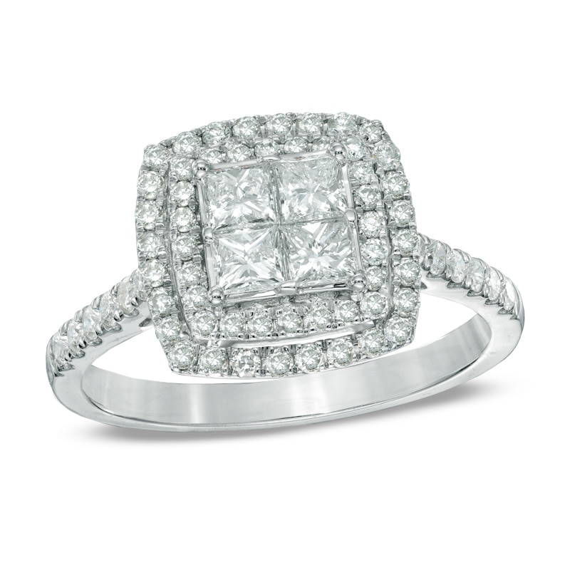 Main Image 1 of Previously Owned - 1 CT. T.W. Princess-Cut Quad Diamond Double Frame Engagement Ring in 14K White Gold