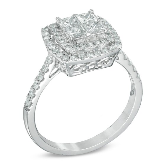 Previously Owned - 1 CT. T.w. Princess-Cut Quad Diamond Double Frame Engagement Ring in 14K White Gold
