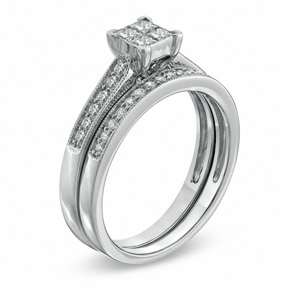 Previously Owned - 1/2 CT. T.w. Quad Princess-Cut Diamond Vintage-Style Bridal Set in 10K White Gold