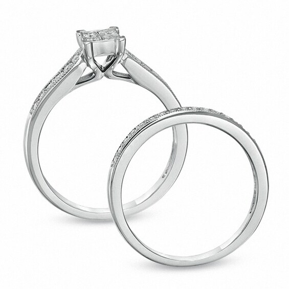 Previously Owned - 1/2 CT. T.w. Quad Princess-Cut Diamond Vintage-Style Bridal Set in 10K White Gold