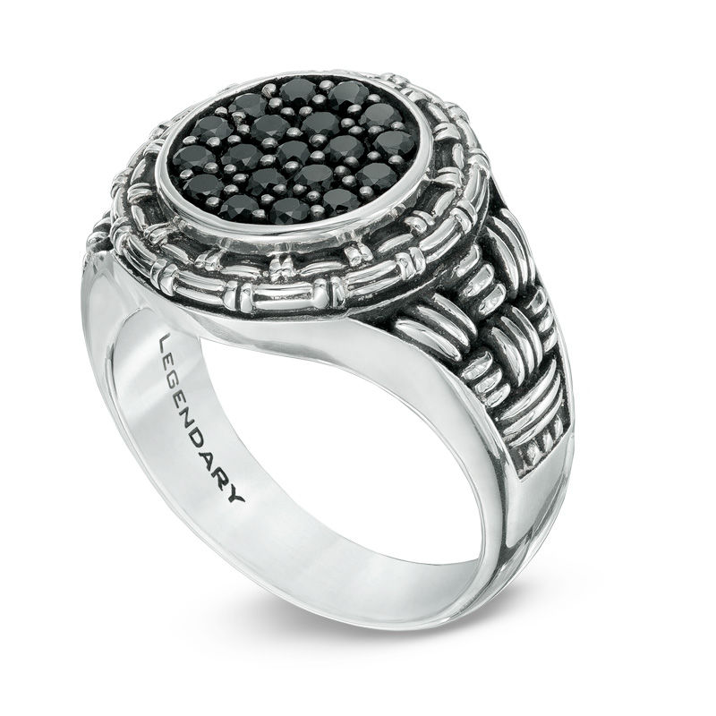 Previously Owned - Legendary™ Men's Black Spinel Intrecciato Signet Ring in Sterling Silver