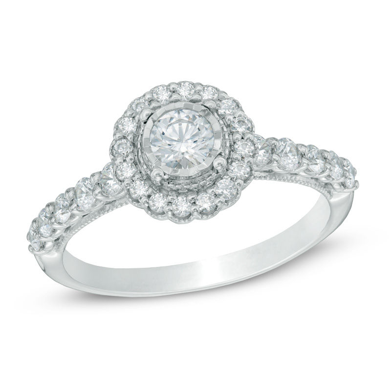 Main Image 1 of Previously Owned - 3/4 CT. T.W. Diamond Scallop Frame Engagement Ring in 14K White Gold