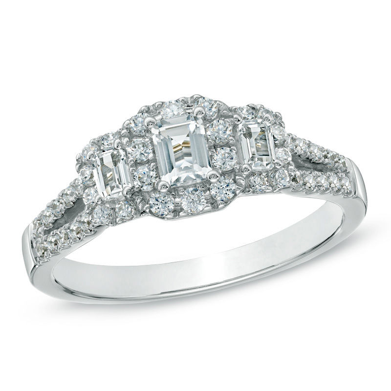 Main Image 1 of Previously Owned - 1 CT. T.W. Emerald-Cut Diamond Past Present Future® Ring in 14K White Gold (I/I1)