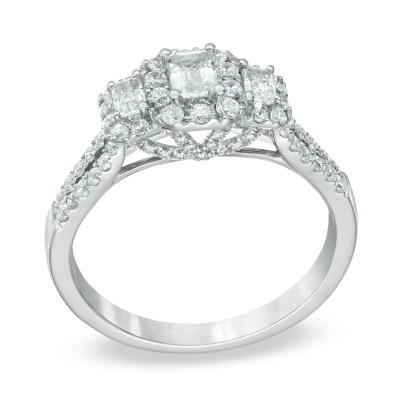 Main Image 2 of Previously Owned - 1 CT. T.W. Emerald-Cut Diamond Past Present Future® Ring in 14K White Gold (I/I1)