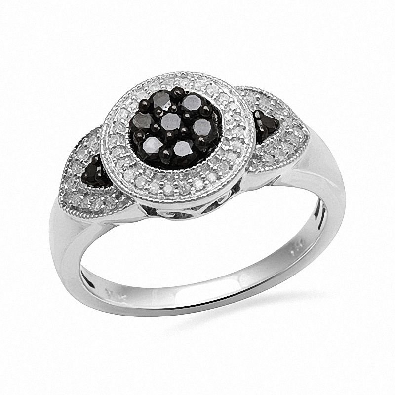 Main Image 1 of Previously Owned - 1/3 CT. T.W. Enhanced Black and White Diamond Vintage-Style Cluster Ring in Sterling Silver