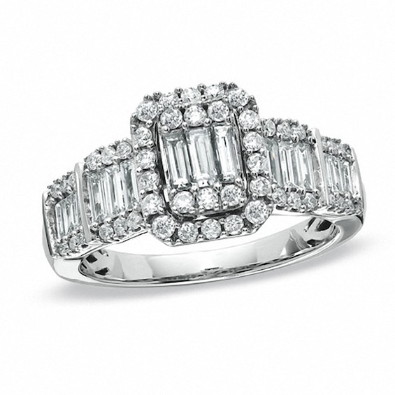 Previously Owned - 1 CT. T.w. Round and Baguette Diamond Engagement Ring in 14K White Gold