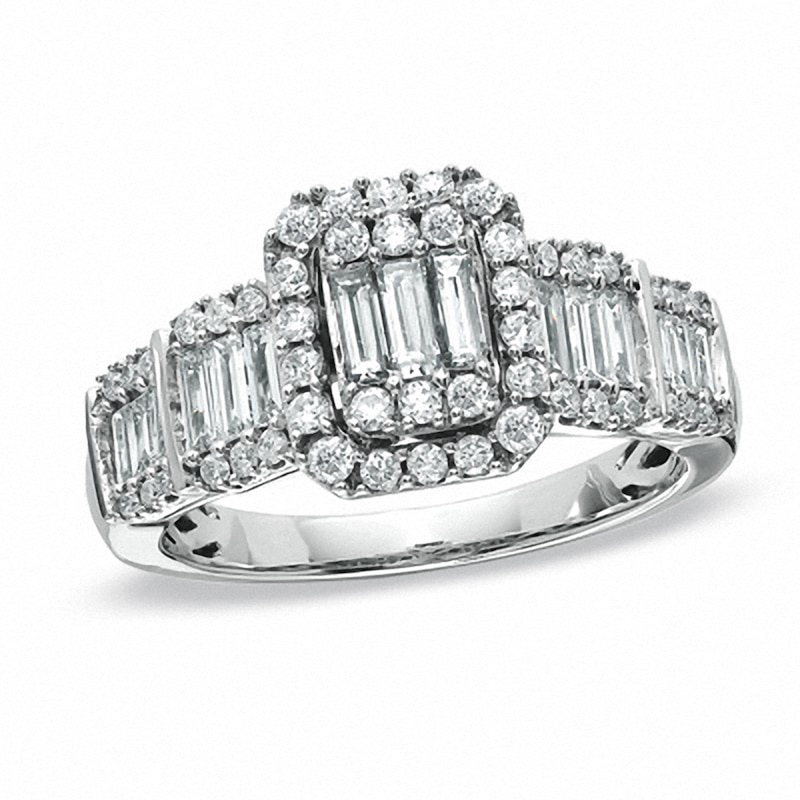 Previously Owned - 1 CT. T.W. Round and Baguette Diamond Engagement Ring in 14K White Gold