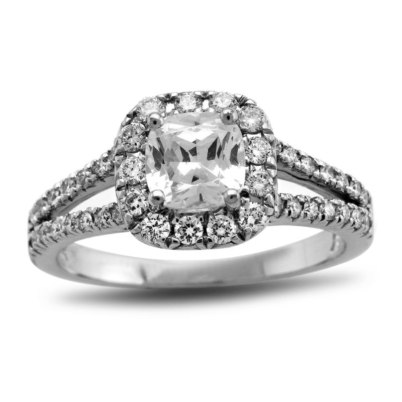 Main Image 1 of Previously Owned - 7/8 CT. T.W. Cushion-Cut Diamond Split Shank Engagement Ring in Platinum (H/SI2)