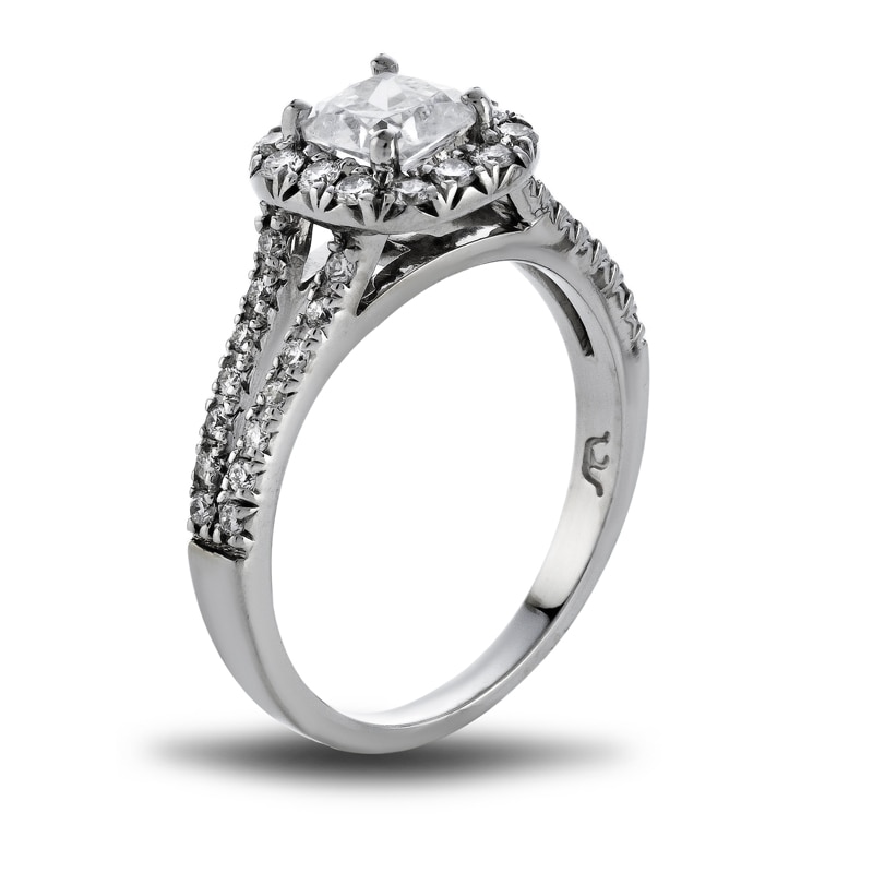 Main Image 2 of Previously Owned - 7/8 CT. T.W. Cushion-Cut Diamond Split Shank Engagement Ring in Platinum (H/SI2)
