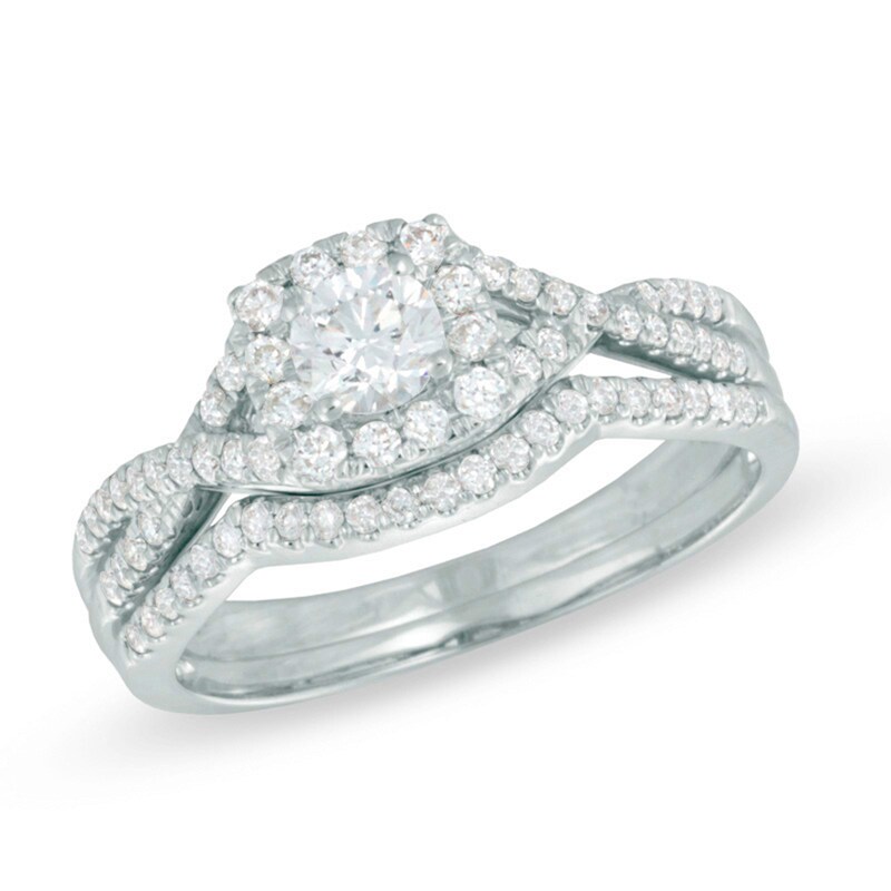 Main Image 1 of Previously Owned 3/4 CT. T.W. Diamond Frame Soldered Bridal Set in 14K White Gold
