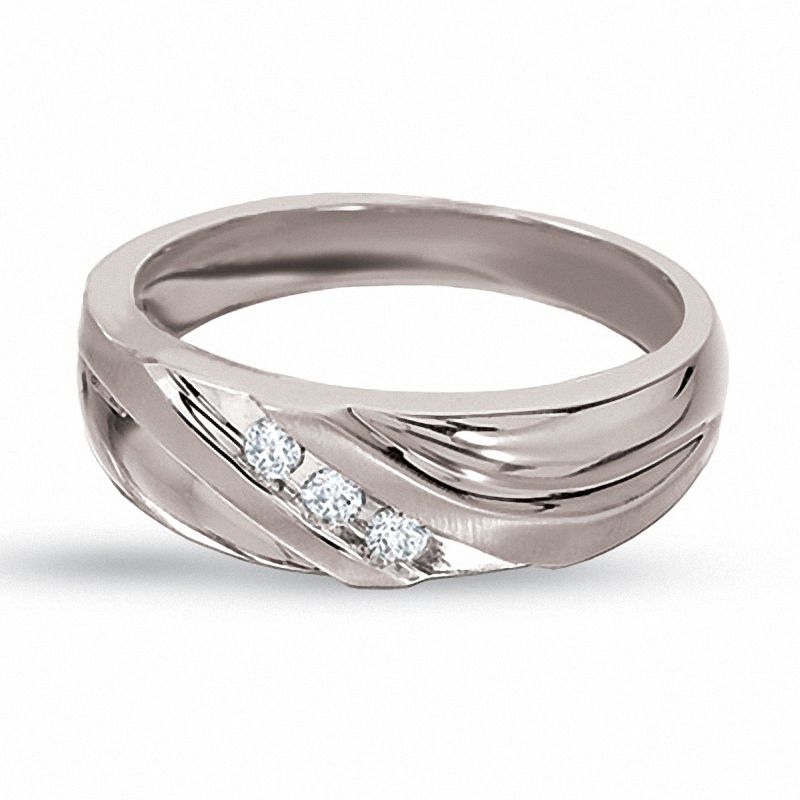 Main Image 1 of Previously Owned - 1/8 CT. T.W. Diamond Three Stone Wedding Band in 10K White Gold